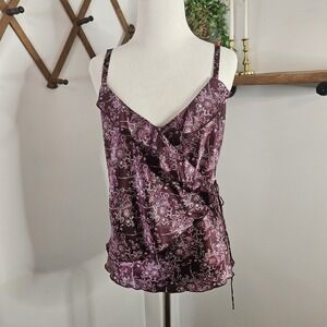 Y2K Gap Floral Satin‎ Wrap Front Tank Top Sz Large Babydoll Feminine Dainty